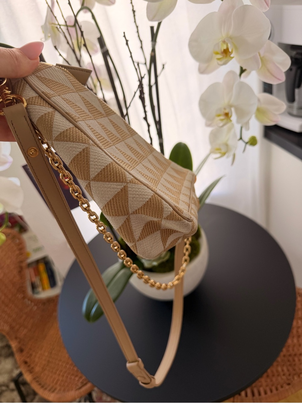 Prada Beige & White Triangle-Print Mini Shoulder Bag with Gold Chain - Picture 5 of 7